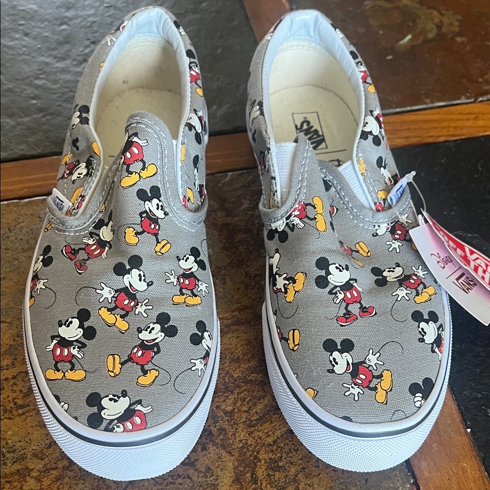Vans Kids Gray Slip-On Sneakers with Mickey Mouse Print